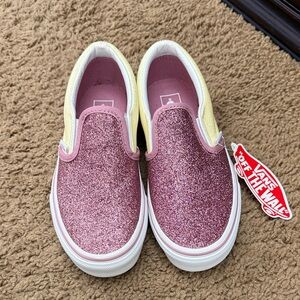Vans Kids Glittery Pink and Yellow Slip-On Sneakers